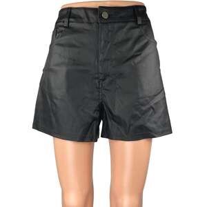 Women's Black Coated Faux Vegan Leather High Waist Wide Leg Mini Shorts Size L